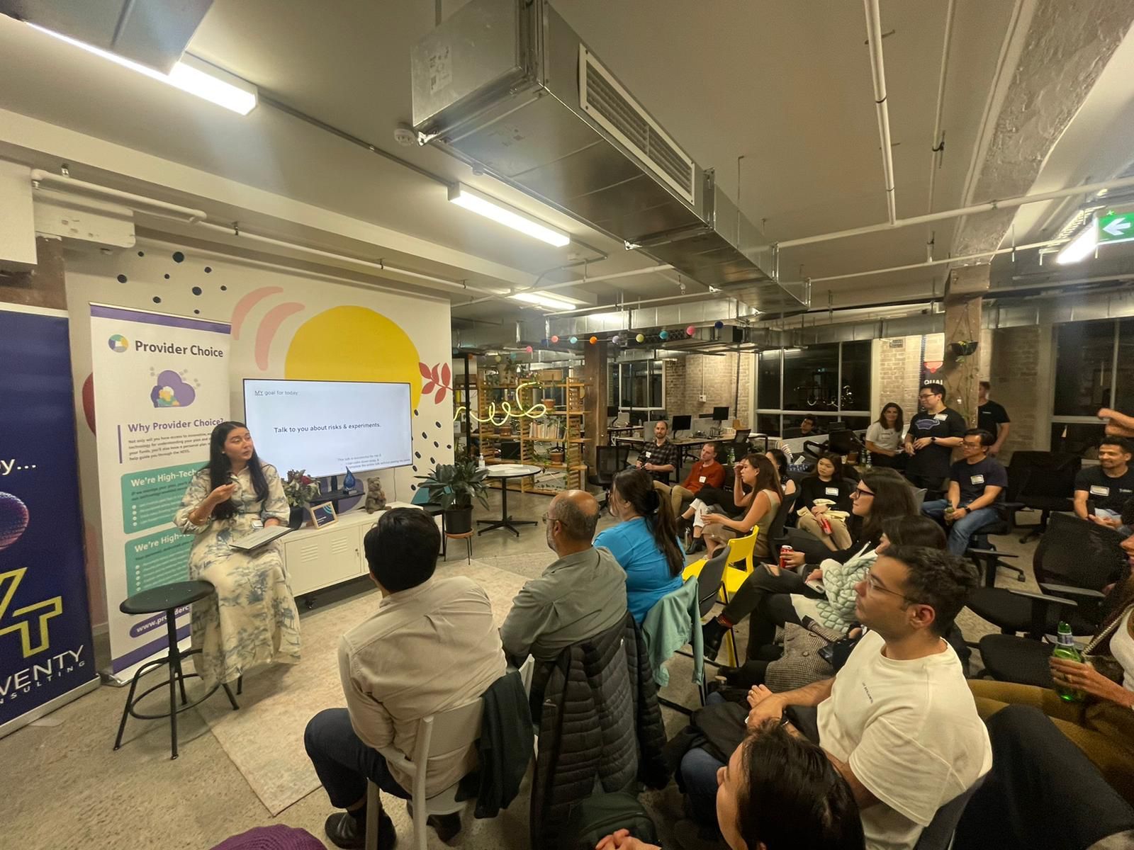 A packed room listening to a speaker at a 4Twenty Tech Talks event